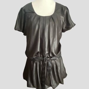 Black Satin Sheen Italian Fabric Bubble Hem Belted Festive Holiday Blouse- Sz-L